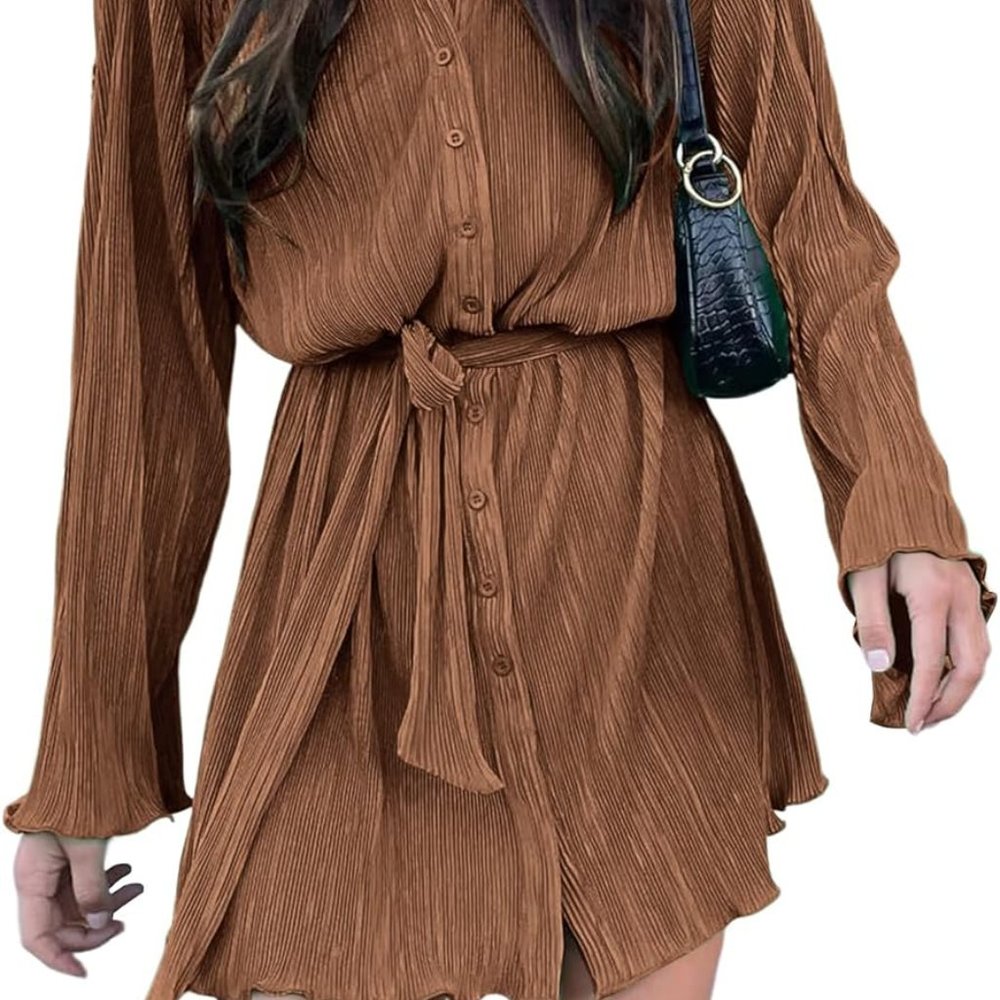 Women's Collared Button Down Pleated Long Sleeve Mini Shirt Dress with Belt